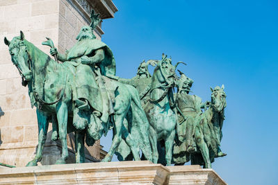 Low angle view of statue against clear blue sky