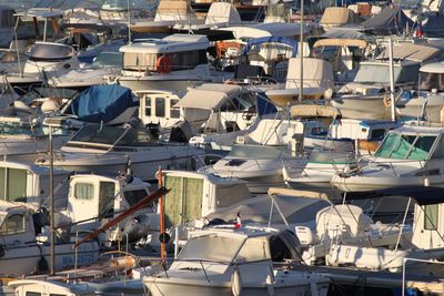 High angle view of boats moored at harbor