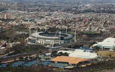 Aerial view of melbourne cricket ground amidst cityscape