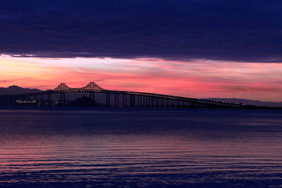 Silhouette bridge over sea against sky during sunset