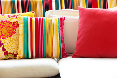 Close-up of multi colored sofa at home