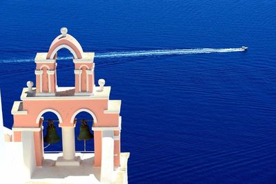 High angle view of church by sea at santorini