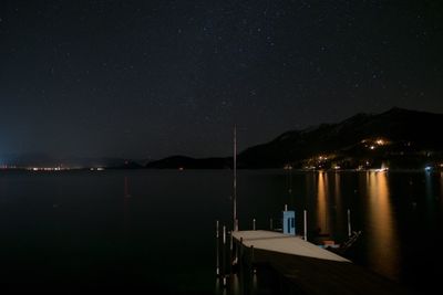 Scenic view of lake against clear sky at night