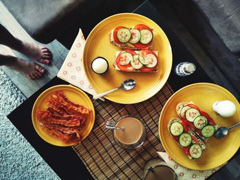 High angle view of breakfast on table