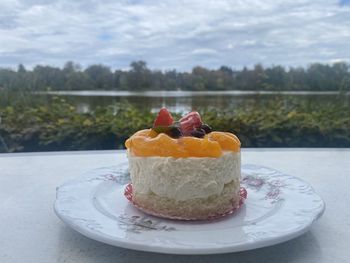 Close-up of cake in plate on table