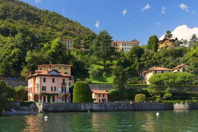 Lake como by town against mountain