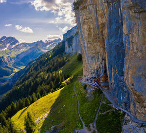 Scenic view of land and mountains against sky