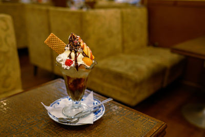 Close-up of dessert on table