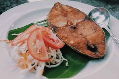 High angle view of seafood in plate on table