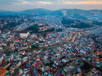 Aerial view of crowded buildings in city