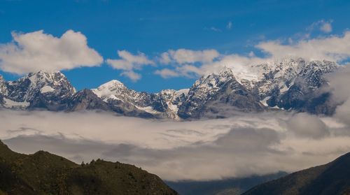 Scenic view of snow covered mountains against sky