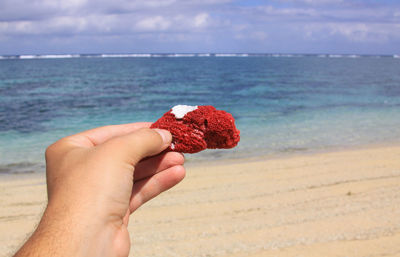 Cropped hand holding red rock in sea