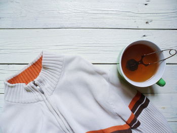High angle view of coffee cup on table