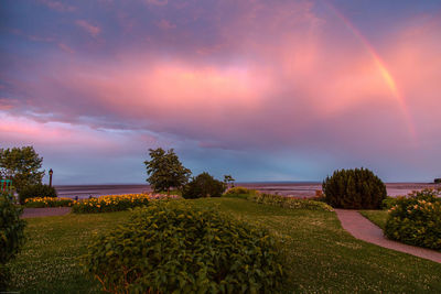 Scenic view of farm against sky during sunset