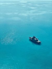 High angle view of ship sailing in sea