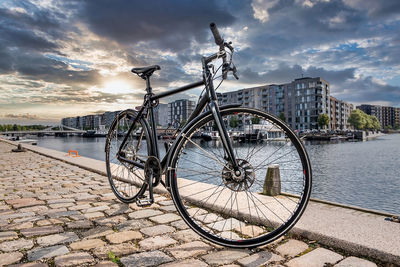 Bicycle concept in copenhagen, denmark. bikes parked on the side of the street.