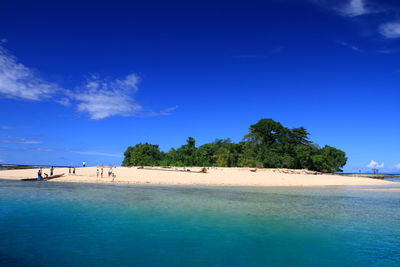 Scenic view of beach against blue sky