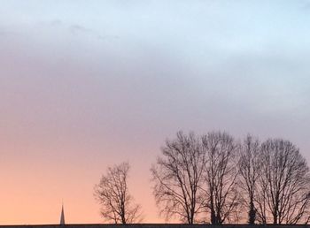 Low angle view of bare trees against sky at sunset