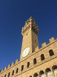 Low angle view of tower against clear blue sky