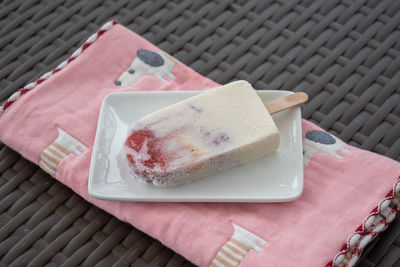 High angle view of dessert in plate on table