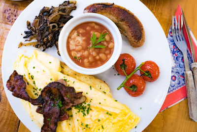 High angle view of food in plate on table