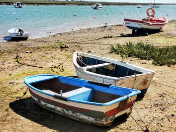 Boat moored on beach