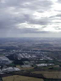 High angle view of buildings against sky