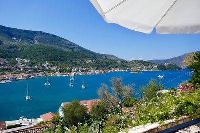 High angle view of bay against sky