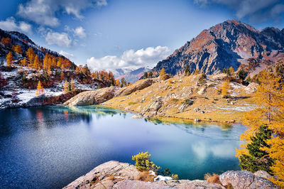 Scenic view of lake and mountains against sky