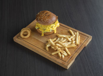 High angle view of burger on table