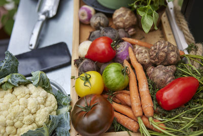 High angle view of vegetables on table