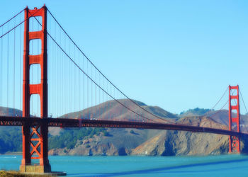 View of suspension bridge against blue sky