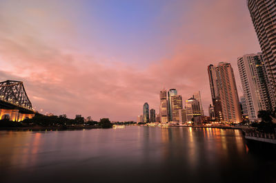 City at waterfront during sunset