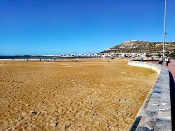 Scenic view of beach against clear blue sky