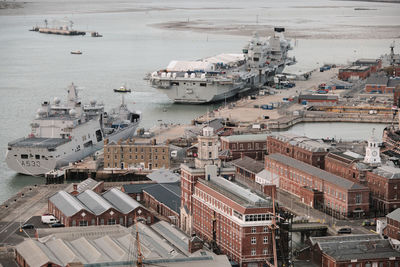 Aerial view of royal navy ships and the harbour of portsmouth, hampshire, southern england