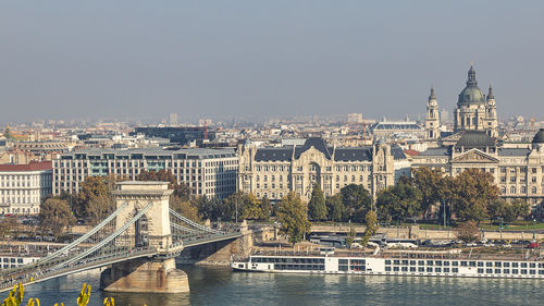 Bridge over river against buildings in city