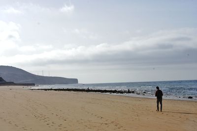 Rear view of man standing on beach against sky