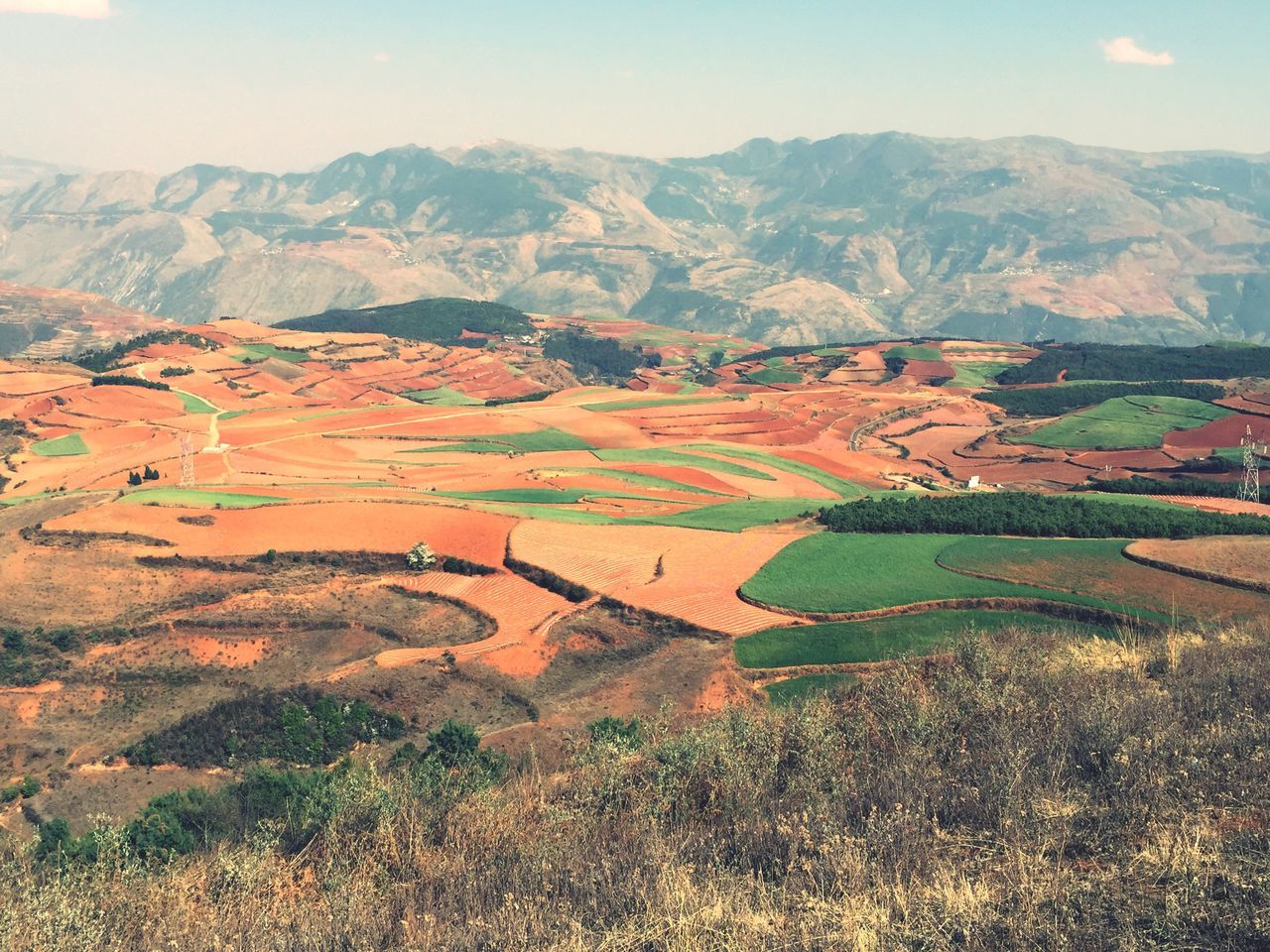 mountain, landscape, mountain range, tranquility, tranquil scene, scenics, beauty in nature, high angle view, nature, non-urban scene, sky, field, hill, remote, rural scene, idyllic, day, outdoors, horizon over land, no people