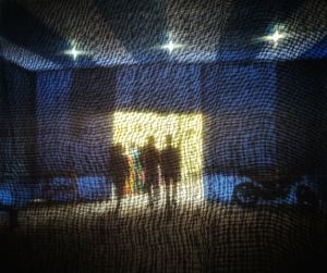 Digital composite image of illuminated light painting on wall