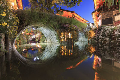 Reflection of trees and buildings in water