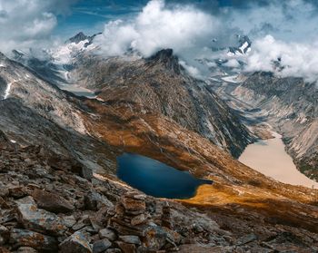 Scenic view of volcanic mountain against sky