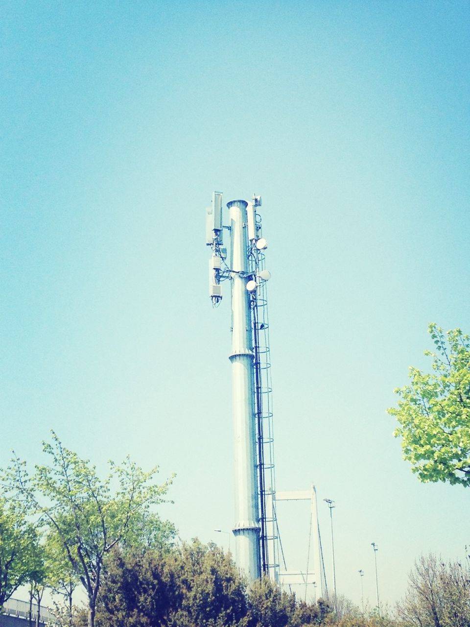 clear sky, low angle view, fuel and power generation, copy space, technology, blue, electricity, electricity pylon, power supply, power line, connection, tree, environmental conservation, wind power, wind turbine, day, crane - construction machinery, alternative energy, development, outdoors