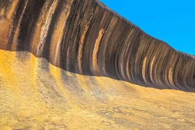 Low angle view of water flowing on land against clear blue sky