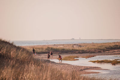 People walking on beach against clear sky