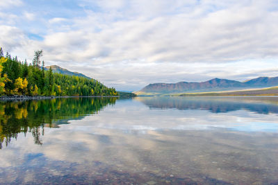 Scenic view of lake by trees against sky