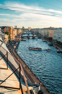 High angle view of buildings by canal against sky