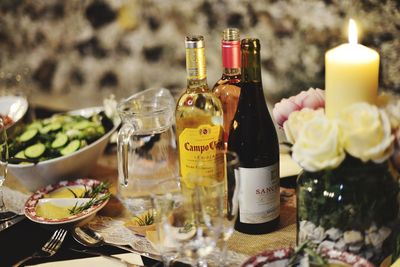 Wine bottles on table