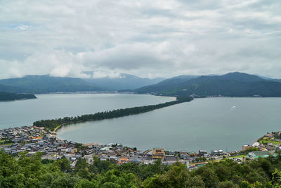 Scenic view of lake and buildings against sky