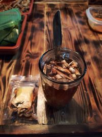 High angle view of ice cream in glass on table