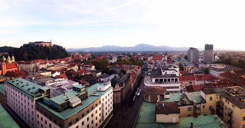 High angle view of town against sky